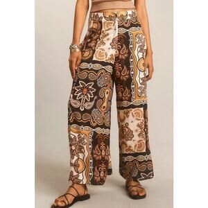NWT Farm Rio x Anthropologie Printed Wide-Leg Pants $158 SMALL Black Motif